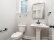 Bathroom featuring an elegant vanity with a pedestal sink, modern fixtures and hardware, and a window at 12744 Susanna Dr, Charlotte, NC 28214