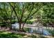 Scenic view of a pond with a fountain and dock, surrounded by lush greenery and mature trees at 19901 Henderson Rd # M, Cornelius, NC 28031