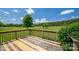 Back deck with views of the surrounding landscape featuring a large lawn and trees at 5873 Alexis Ln, Vale, NC 28168