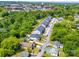 An aerial view of a beautiful community with modern townhomes, lush greenery, and convenient street parking at 83 Woodsdale Se Pl, Concord, NC 28025