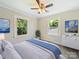 Bright bedroom with two windows, ceiling fan, and a comfortable bed with blue accents at 83 Woodsdale Se Pl, Concord, NC 28025