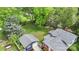 Birds-eye view of property with backyard, detached garage, and surrounding trees at 15333 Catawba S Cir, Matthews, NC 28104