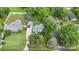 Aerial view of the property showcasing the home, detached garage, and mature trees at 15333 Catawba S Cir, Matthews, NC 28104