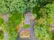 This aerial view shows the home's roof, patio, driveway, beautiful landscaping and mature trees at 2000 Ferncliff Rd, Charlotte, NC 28211