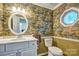 Charming bathroom with floral wallpaper, a decorative mirror, and a white vanity at 46 Timberidge Dr, Lake Wylie, SC 29710