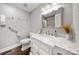 Bathroom featuring granite counters, modern fixtures, and a shower over tub, blending functionality with style at 7 Turtle Ln, Clover, SC 29710