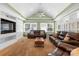Spacious living room with vaulted ceilings, large windows, and comfortable leather furniture at 124 Courtney Ln, Matthews, NC 28105