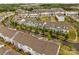 Aerial view of colorful townhomes with manicured lawns and tree-lined streets in a vibrant community at 15021 Meacham Farm Dr, Huntersville, NC 28078