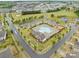 Aerial view of a community pool with a playground, clubhouse, and ample parking spaces at 15021 Meacham Farm Dr, Huntersville, NC 28078