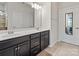 Well-lit bathroom with double sink vanity, a large mirror, and a separate door with mirror at 15429 Topanga Dr, Charlotte, NC 28278