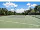 Well-maintained tennis court with a black fence and a light, surrounded by trees at 15429 Topanga Dr, Charlotte, NC 28278