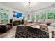Bright living room featuring a fireplace, large windows, and a comfortable sofa at 19507 Dufour Ct, Cornelius, NC 28031