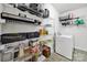 Well-stocked pantry with metal shelving, storage containers, and a modern washer at 2117 Seabrook Ln, Fort Mill, SC 29715