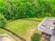 Aerial of backyard featuring a fenced in area, a deck with outdoor seating, and mature trees at 3091 Old Meeting House Rd, Sharon, SC 29742