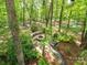 Aerial view of backyard fire pit with seating surrounded by lush greenery and trees at 5417 Bedfordshire Ave, Harrisburg, NC 28075