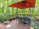 Inviting outdoor deck area with patio umbrella surrounded by lush greenery, perfect for relaxing at 5417 Bedfordshire Ave, Harrisburg, NC 28075