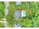 Aerial view of a landscaped property with a pool surrounded by lush greenery and a charming home outlined in red at 7812 Seton House Ln, Charlotte, NC 28277