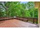 Spacious deck with built-in bench seating overlooking the backyard, lush greenery, and mature trees at 7812 Seton House Ln, Charlotte, NC 28277