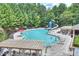 Spacious community pool area featuring a waterslide, umbrellas, and ample seating at 7833 Taymouth Ln, Charlotte, NC 28269