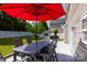 Outdoor patio features a dining set under a bright umbrella, perfect for entertaining at 10815 Mountain Springs Dr, Charlotte, NC 28278