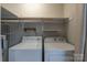 Laundry area with washer, dryer, and overhead shelving for ample storage, providing efficient space utilization at 133 Pheasant Run Rd, Troutman, NC 28166