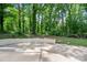Backyard featuring concrete patio surrounded by mature trees and lush greenery at 218 Kingsway Cir, Charlotte, NC 28214