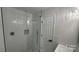 Modern bathroom with a glass-enclosed shower, white tile walls, and patterned floor tiles at 26056 Neptunes Lndg, Fort Mill, SC 29708