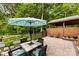 Outdoor dining area with an umbrella, seating, and a privacy fence offering relaxation and style at 322 Killian Rd, Stanley, NC 28164