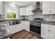 Bright kitchen featuring stainless steel appliances, a farmhouse sink, and gray backsplash at 411 W Sycamore St, Lincolnton, NC 28092