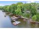 Aerial view of a lakefront property with a private dock and lush green surroundings at 570 Blue Heron Rd, Salisbury, NC 28146