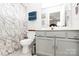 Bright bathroom featuring decorative shower curtain, white tiles, and a modern vanity at 5804 Fairchase Ave, Charlotte, NC 28269