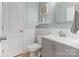 Stylish half bathroom with shiplap walls, gray vanity, and modern fixtures at 1104 Snowbird Ln, Waxhaw, NC 28173