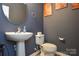 Stylish powder room featuring a pedestal sink, modern fixtures, and dark blue wall at 1113 Geyser Ct, Fort Mill, SC 29715