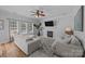 Relaxing living room features a fireplace, ceiling fan, and lots of natural light at 148 Spring Grove Dr, Mooresville, NC 28117