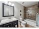 Well-lit bathroom featuring a black vanity, tiled bathtub, and a walk-in shower with glass doors at 1753 Elmwood Dr, Rock Hill, SC 29730