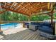 Covered wooden deck features modern, cushioned seating area for relaxing outdoors at 1753 Elmwood Dr, Rock Hill, SC 29730