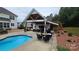 Stunning pool area featuring an outdoor kitchen, covered patio, lush landscaping, and entertainment space at 2763 Rivendale Ct, Indian Land, SC 29707