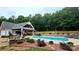 Gorgeous backyard with an in-ground pool, outdoor kitchen, covered patio, and lush landscaping for relaxation at 2763 Rivendale Ct, Indian Land, SC 29707