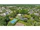 A scenic aerial of the neighborhood showcases lush landscaping, a pool, and recreation areas among beautiful homes at 9625 Donna Ve Ln, Charlotte, NC 28277