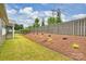 Landscaped backyard featuring a privacy fence, grassy area, and view of the home's screened patio at 13618 Tranquil Day Dr, Matthews, NC 28105