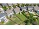 Aerial view of backyards featuring patios, seating areas, lush landscaping, and outdoor living spaces at 214 Blossom Ridge Dr, Mooresville, NC 28117