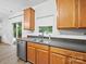 Bright kitchen featuring stainless steel appliances, a double sink, and backyard views at 2306 Nettleton Ct, Matthews, NC 28105