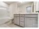 Well-lit bathroom with a double sink vanity, bathtub, and neutral tile flooring at 3936 Cheyney Park Dr, Charlotte, NC 28269