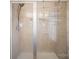Close-up of a tiled walk-in shower featuring a modern rain showerhead and built-in shelving at 40154 Crooked Stick Dr, Lancaster, SC 29720
