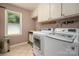 Clean laundry room with modern washer and dryer units, plus storage cabinets at 6512 Porterfield Rd, Charlotte, NC 28226