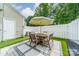 Charming patio area with wood furniture set, sun umbrella, and manicured turf at 6917 Rothchild Dr, Charlotte, NC 28270