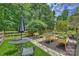 Landscaped backyard featuring raised garden beds and stone pathway surrounded by trees and a fence at 706 Evans Manor Dr, Weddington, NC 28104