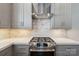 The kitchen boasts gray cabinets, stainless steel appliances, a marble backsplash, and a modern range hood at 7908 Rea View Ct, Charlotte, NC 28226