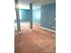 Unfinished basement features neutral carpet, blue walls, and support columns, offering a versatile space at 12304 Sandringham Pl, Charlotte, NC 28262