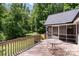 A large wooden deck overlooks a wooded backyard, accessible from a screened-in porch, offering serene outdoor living at 1318 Candlewood Dr, Gastonia, NC 28052
